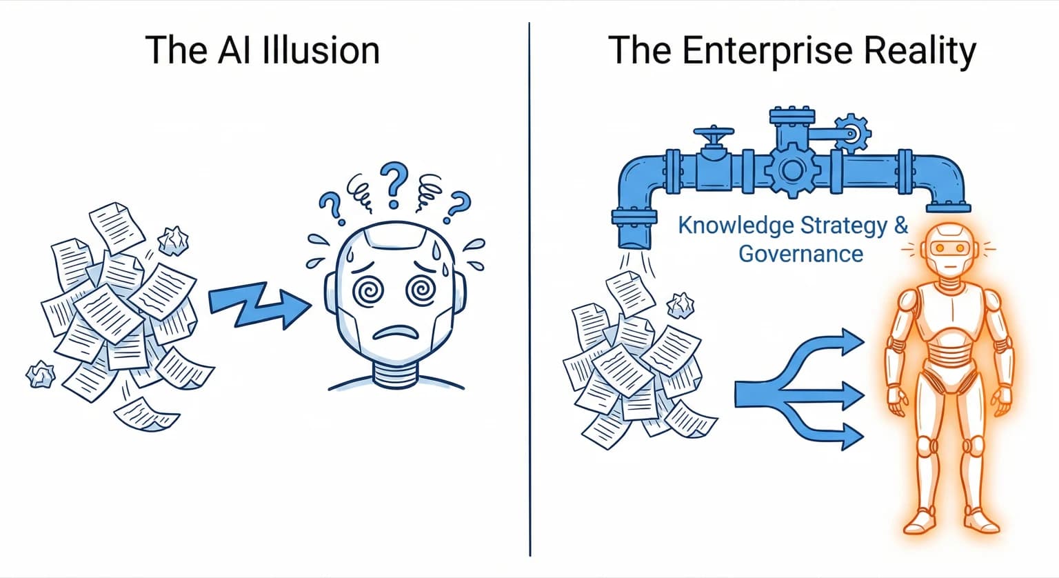 Comparaison illustrée entre une IA nourrie de documents non structurés et une stratégie de connaissance gouvernée.