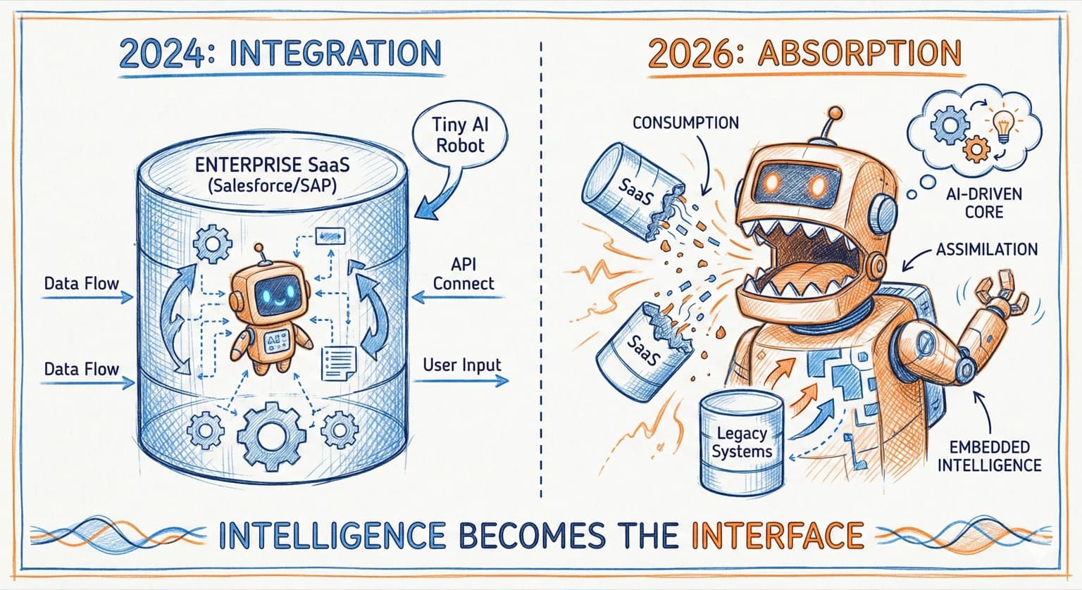 Schéma dessiné opposant une fonction IA ajoutée à un logiciel et une intelligence absorbée par le cœur opérationnel.