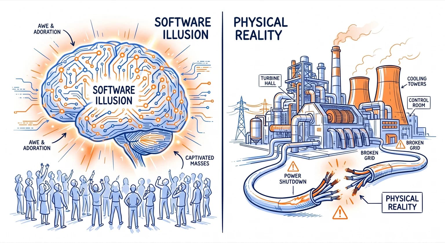 Comparaison dessinée entre l’illusion d’une maîtrise logicielle et les systèmes physiques nécessaires à son fonctionnement.
